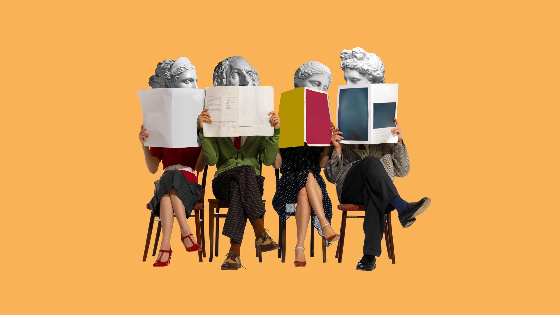 People, men and women with antique statue head sitting on chairs and reading newspaper, magazines. Contemporary art collage.