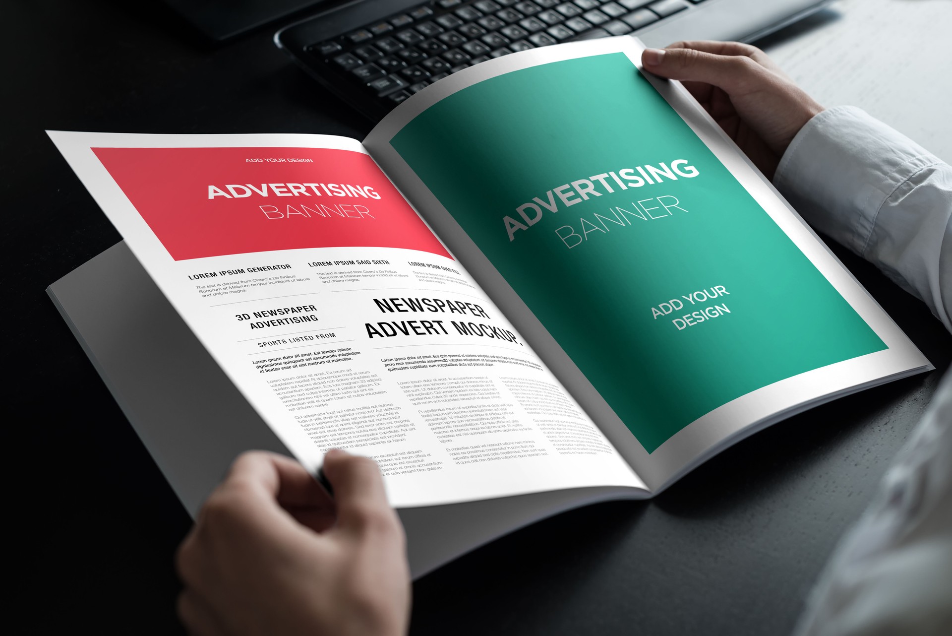 Hand Holding Newspaper Advertising Magazine Brochure Mockup